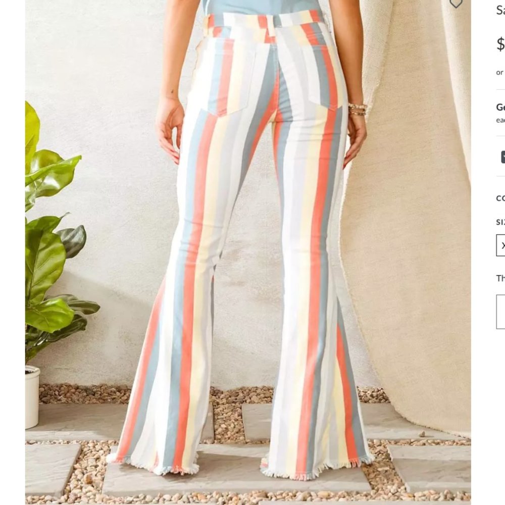 Striped High Rise Fringe Bell Bottom Jeans - Picture 3 of 6